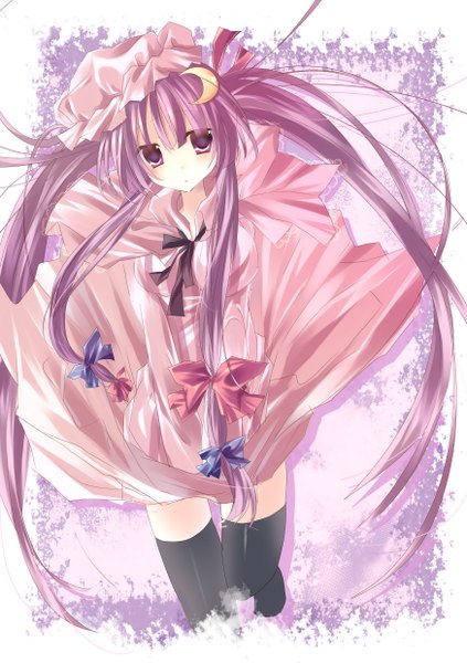 Anime picture 1748x2480 with touhou patchouli knowledge kisaragi kiriha single long hair tall image blush highres purple eyes purple hair crescent girl thighhighs dress bow black thighhighs hair bow hat