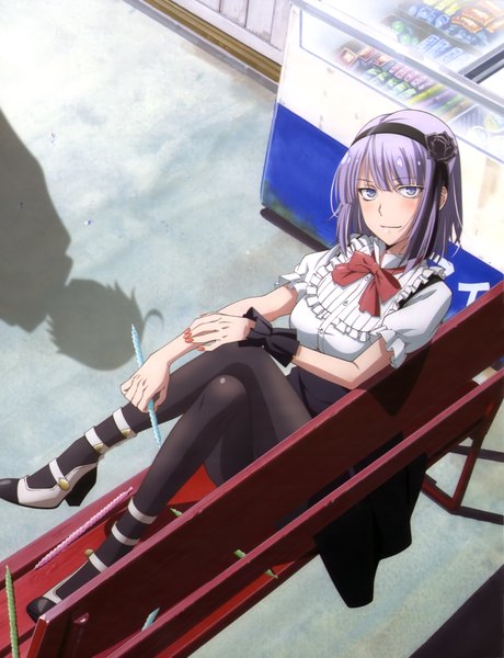Anime picture 3131x4085 with dagashi kashi feel (studio) shidare hotaru single tall image looking at viewer blush highres short hair blue eyes absurdres purple hair full body official art dress pantyhose hairband bench