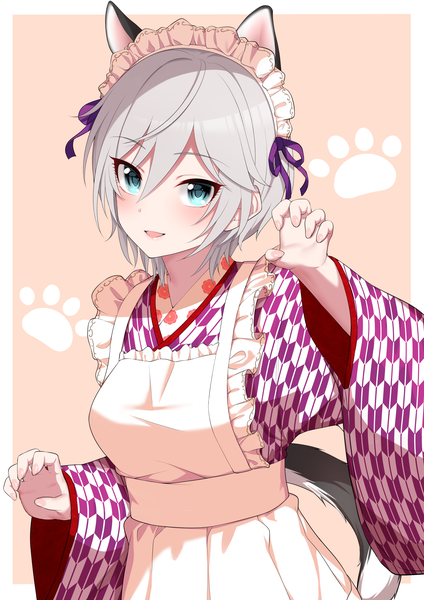 Anime picture 2894x4093 with idolmaster idolmaster cinderella girls anastasia (idolmaster) go-1 single tall image looking at viewer blush highres short hair animal ears silver hair upper body tail traditional clothes japanese clothes animal tail aqua eyes cat ears cat girl