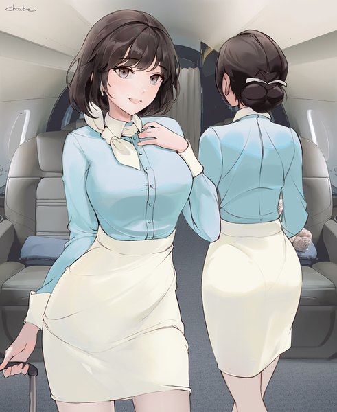 Anime picture 1000x1222 with original chowbie tall image looking at viewer blush fringe short hair breasts open mouth light erotic black hair smile standing multiple girls holding signed indoors long sleeves :d grey eyes