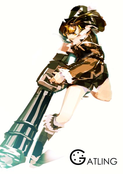 Anime picture 1000x1414 with original so-bin single long hair tall image brown hair white background yellow eyes inscription girl gun gatling gun