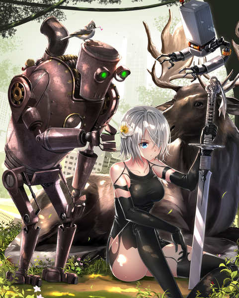 Anime picture 1238x1542 with nier nier:automata yorha type a no. 2 pod (nier:automata) pascal (nier automata) swordsouls single tall image blush fringe short hair breasts blue eyes light erotic sitting bare shoulders holding looking away silver hair bent knee (knees)