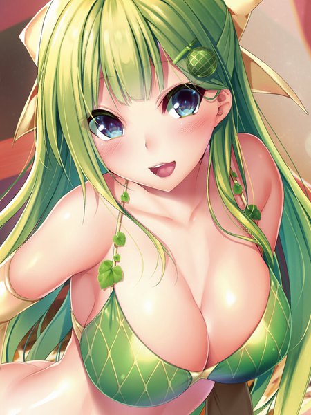 Anime picture 768x1024 with melonbooks nironiro single long hair tall image looking at viewer blush fringe breasts open mouth blue eyes light erotic smile large breasts upper body green hair shiny skin arched back girl hair ornament