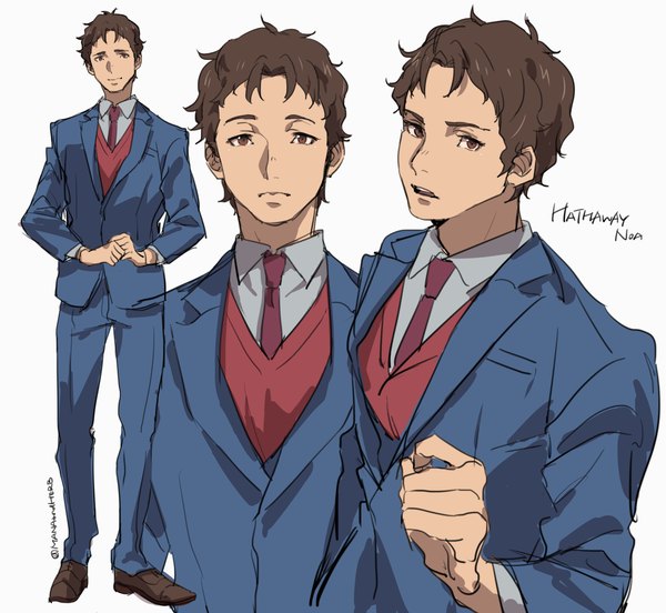 Anime picture 3145x2894 with mobile suit gundam gundam hathaway's flash sunrise (studio) hathaway noa ryukusou looking at viewer highres short hair brown hair brown eyes signed absurdres full body upper body character names twitter username multiview boy necktie suit