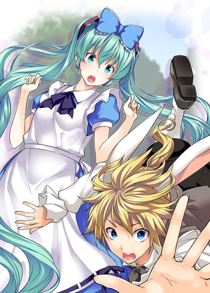 Anime picture 1358x1890 with alice in wonderland vocaloid hatsune miku kagamine len alice (wonderland) white rabbit tosh long hair tall image short hair open mouth blue eyes blonde hair twintails aqua eyes aqua hair bunny ears cosplay bunny boy alice (wonderland) (cosplay)