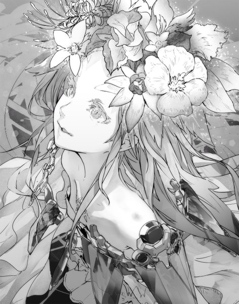 Anime picture 1200x1528 with beatless snowdrop redjuice single long hair tall image smile bare shoulders hair flower grey hair grey background grey eyes monochrome girl hair ornament flower (flowers) armor fireflies higanbana