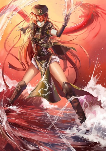 Anime picture 744x1053 with touhou hong meiling dantewontdie single long hair tall image green eyes full body red hair girl gloves water elbow gloves jacket belt knee boots peaked cap dragon