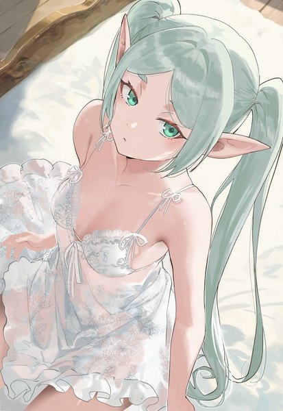 Anime-Bild 2256x3281 mit sousou no frieren frieren salmon88 single long hair tall image fringe highres breasts light erotic sitting twintails bare shoulders green eyes payot looking away silver hair from above eyebrows elf