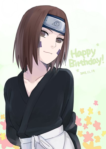Anime picture 750x1050 with naruto studio pierrot naruto (series) nohara rin kamosuke single tall image looking at viewer short hair simple background brown hair white background brown eyes upper body head tilt light smile dated happy birthday face paint girl