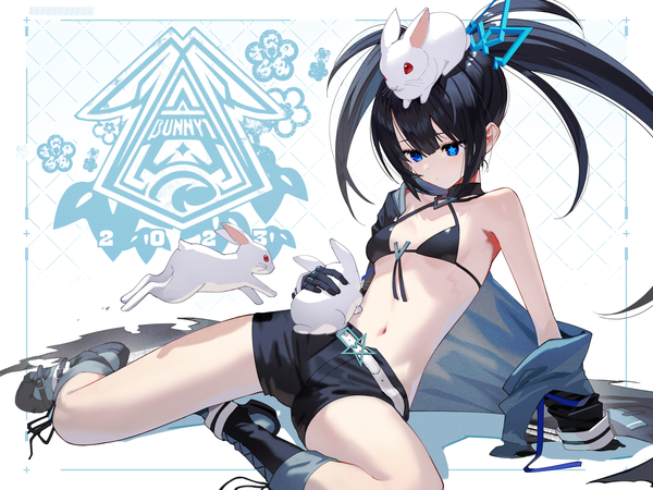 Anime picture 2500x1874 with black rock shooter black rock shooter (character) scottie (phantom2) single long hair fringe highres breasts blue eyes light erotic black hair simple background hair between eyes white background sitting twintails payot bent knee (knees) off shoulder open jacket