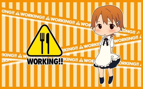 Anime picture 1920x1200 with working!! a-1 pictures inami mahiru single blush highres short hair brown hair full body wallpaper copyright name hands behind back chibi striped background no pupils girl hairclip apron