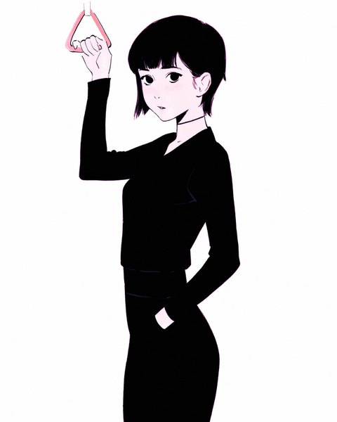 Anime picture 1280x1600 with original ilya kuvshinov single tall image looking at viewer short hair black hair simple background standing white background parted lips arm up black eyes hand in pocket girl dress choker black dress