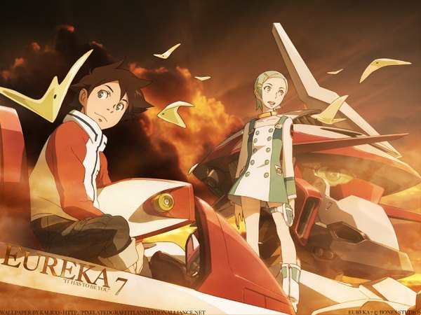 Anime picture 1280x960 with eureka seven studio bones eureka renton thurston nirvash skyfish (eureka seven) kalicodreamz short hair open mouth brown hair standing sitting purple eyes sky cloud (clouds) green hair couple third-party edit orange background girl