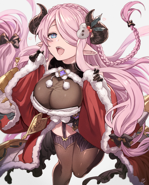 Anime picture 971x1200 with granblue fantasy narmaya (granblue fantasy) feb itk single tall image fringe breasts open mouth blue eyes light erotic large breasts pink hair braid (braids) very long hair :d horn (horns) pointy ears hair over one eye fur trim christmas