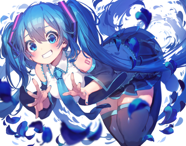 Anime-Bild 870x684 mit vocaloid hatsune miku ryota (ry o ta) single blush fringe blue eyes smile hair between eyes twintails bare shoulders payot blue hair very long hair nail polish zettai ryouiki girl thighhighs black thighhighs detached sleeves