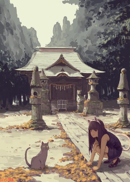 Anime picture 2500x3500 with original zennosuke single long hair tall image looking at viewer fringe highres black hair smile bare shoulders animal ears outdoors tail blunt bangs animal tail black eyes cat ears cat tail fake animal ears