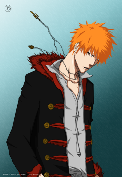 Anime-Bild 900x1296 mit bleach studio pierrot kurosaki ichigo akira-12 single tall image short hair simple background brown eyes signed orange hair coloring blue background boy jacket pendant fur chain cross