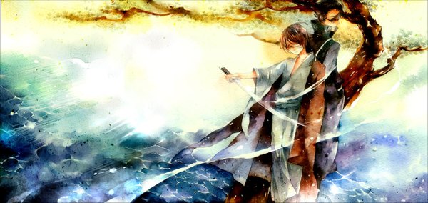 Anime picture 1248x591 with gintama sunrise (studio) takasugi shinsuke kawakami bansai looking at viewer short hair black hair wide image traditional clothes japanese clothes looking back multiple boys back to back bandage over one eye boy weapon plant (plants) sword tree (trees) kimono