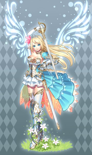 Anime picture 716x1200 with original k+ single long hair tall image blue eyes blonde hair girl thighhighs dress gloves flower (flowers) weapon white thighhighs sword wings elbow gloves armor tiara