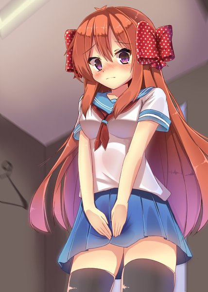 Anime-Bild 2000x2800 mit gekkan shoujo nozaki-kun doga kobo sakura chiyo mizuki ryuu ryu narb single long hair tall image looking at viewer blush highres purple eyes orange hair zettai ryouiki girl thighhighs skirt uniform bow hair bow