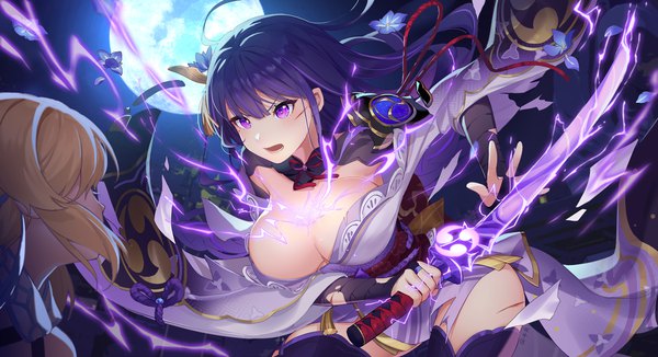 Anime picture 3040x1653 with genshin impact raiden shogun lumine (genshin impact) ziyue long hair fringe highres breasts open mouth light erotic blonde hair hair between eyes wide image large breasts purple eyes multiple girls holding signed payot purple hair