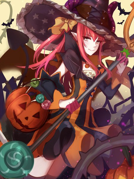 Anime picture 1722x2291 with fate (series) fate/grand order elizabeth bathory (fate) (all) elizabeth bathory (halloween caster) (fate) shiguru single long hair tall image looking at viewer highres blue eyes smile red hair pointy ears halloween witch girl dress gloves bow