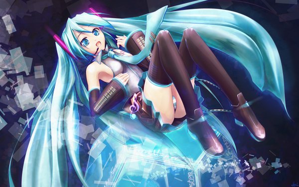 Anime picture 1680x1050 with vocaloid hatsune miku spiral (artist) light erotic wide image twintails girl thighhighs
