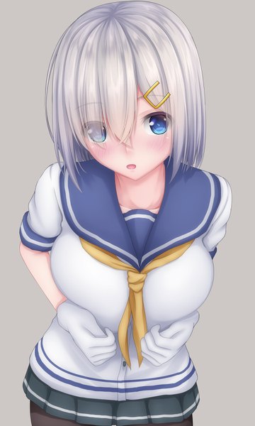 Anime picture 900x1500 with kantai collection hamakaze destroyer tapisuke single tall image looking at viewer blush short hair open mouth blue eyes silver hair grey background girl gloves hair ornament white gloves sailor suit