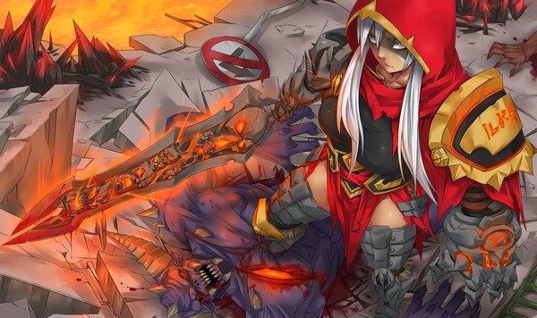 Anime picture 3000x1784 with league of legends darksiders (game) riven (league of legends) exaxuxer single long hair looking at viewer highres wide image standing white hair from above grey eyes ruins demon lava girl gloves weapon sword