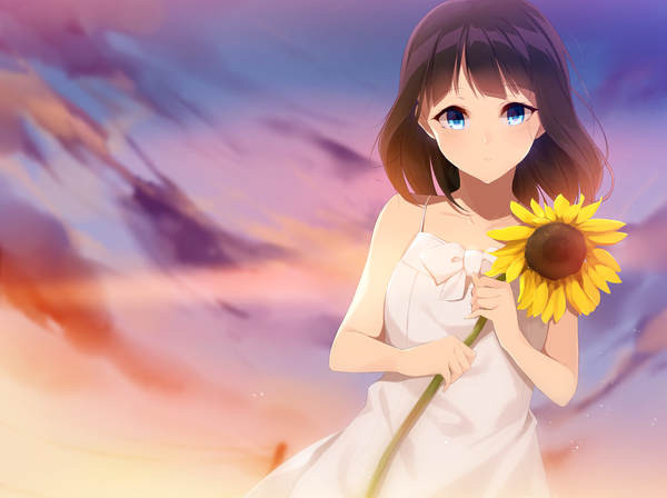 Anime picture 1872x1400 with original animetta single looking at viewer highres short hair black hair sky cloud (clouds) girl dress flower (flowers) sundress sunflower