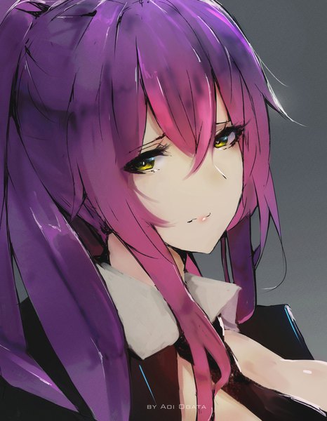 Anime picture 2800x3600 with original aoi ogata single long hair tall image looking at viewer fringe highres light erotic simple background hair between eyes green eyes signed cleavage purple hair ponytail grey background portrait sad girl