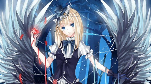 Anime picture 1920x1080 with original stari single looking at viewer fringe highres short hair blue eyes blonde hair wide image holding signed short sleeves wallpaper glow cropped girl gloves flower (flowers) bow