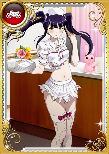 Anime picture 567x800 with ikkitousen saji genpou (true) single long hair tall image looking at viewer blush open mouth light erotic black hair twintails yellow eyes torn clothes card (medium) nurse girl thighhighs navel uniform torn thighhighs