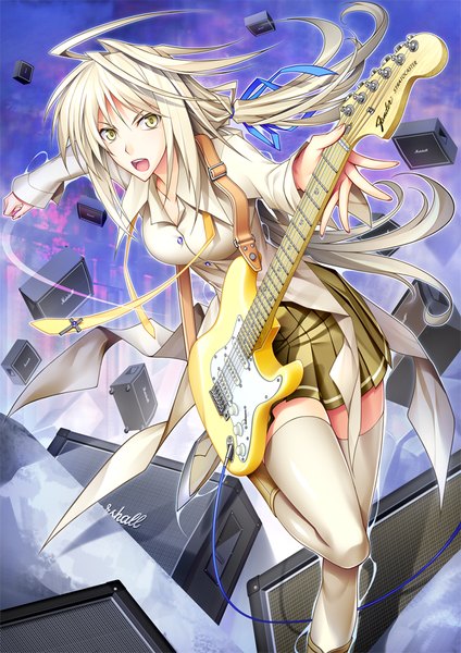 Anime picture 716x1012 with original 440 single long hair tall image looking at viewer open mouth yellow eyes white hair girl thighhighs skirt ribbon (ribbons) hair ribbon white thighhighs guitar bass guitar