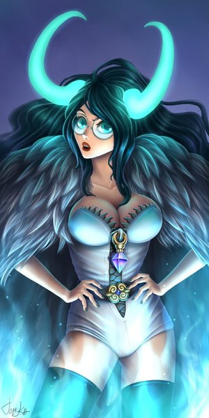 Anime picture 512x1024 with dragon blaze dragon spark (dragon blaze) single tall image looking at viewer fringe breasts open mouth light erotic large breasts standing signed very long hair nail polish parted lips horn (horns) aqua eyes green hair lips lipstick