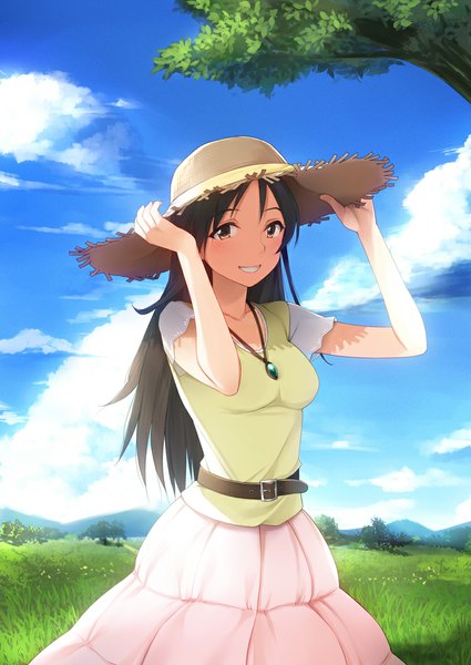 Anime picture 750x1059 with idolmaster idolmaster cinderella girls trainer (idolmaster) yuki usagi (mofurafu) single long hair tall image looking at viewer fringe smile brown hair holding brown eyes sky cloud (clouds) horizon mountain girl skirt plant (plants)