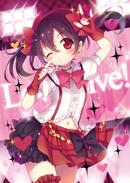 Anime picture 857x1210 with love live! school idol project sunrise (studio) love live! yazawa nico minamura haruki single long hair tall image looking at viewer blush black hair red eyes twintails one eye closed wink sparkle mmm girl skirt gloves