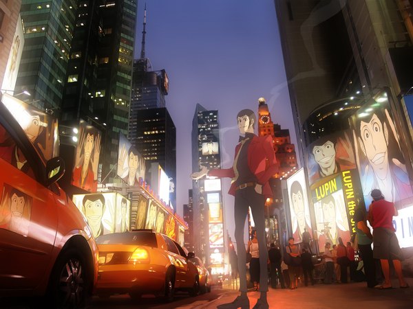Anime picture 1976x1485 with lupin iii arsene lupin iii zz highres city smoke cityscape landscape formal real world location times square boy necktie suit ground vehicle cigarette car