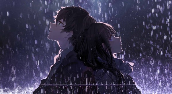 Anime picture 2200x1203 with hyouka kyoto animation chitanda eru oreki houtarou cici long hair fringe highres short hair open mouth blue eyes black hair hair between eyes brown hair wide image green eyes upper body profile looking back open clothes