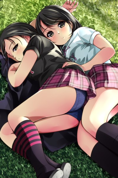 Anime picture 800x1200 with original matsunaga kouyou tall image looking at viewer blush short hair light erotic black hair multiple girls lying black eyes on side plaid skirt girl skirt underwear panties 2 girls miniskirt socks