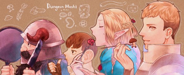 Anime picture 2048x832 with dungeon meshi studio trigger marcille donato laios touden senshi (dungeon meshi) chilchuck tims walking mushroom (dungeon meshi) umum yuyu long hair looking at viewer highres short hair blonde hair brown hair wide image yellow eyes upper body eyes closed profile pointy ears