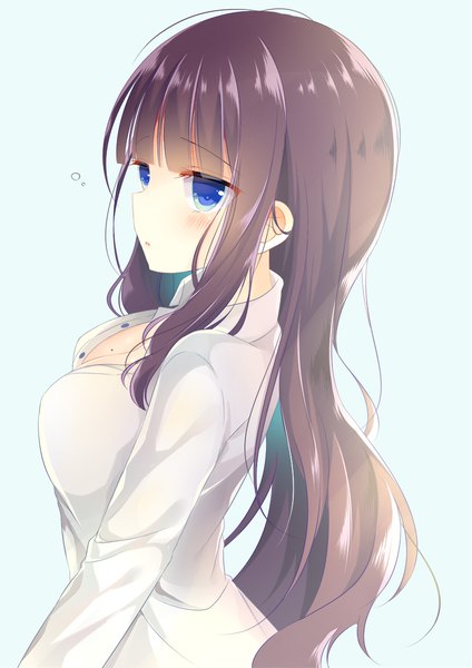 Anime picture 800x1131 with new game! doga kobo takimoto hifumi shiiba nae single long hair tall image blush fringe breasts blue eyes light erotic simple background brown hair looking away upper body mole blue background mole on breast girl