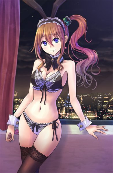 Anime picture 717x1100 with original xia you qing suikakitsu shiro single long hair tall image looking at viewer blush breasts blue eyes light erotic smile brown hair large breasts bare shoulders animal ears sky cleavage ponytail night