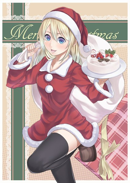 Anime picture 710x1000 with original ray-akila single long hair tall image blush fringe open mouth blue eyes blonde hair hair between eyes looking away christmas merry christmas girl thighhighs black thighhighs sweets santa claus hat cake