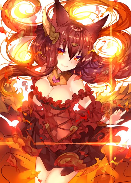 Anime picture 1111x1549 with granblue fantasy anthuria sweetroad single long hair tall image looking at viewer blush fringe red eyes white background bare shoulders animal ears cleavage red hair light smile reflection erune girl dress