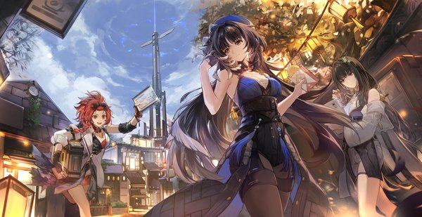 Anime picture 2500x1286 with wuthering waves yangyang (wuthering waves) chixia (wuthering waves) bailian (wuthering waves) csyday long hair highres open mouth black hair red eyes wide image purple eyes multiple girls holding sky cloud (clouds) outdoors ponytail red hair braid (braids)