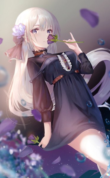 Anime picture 2535x4093 with original yk (pixiv43531291) single long hair tall image looking at viewer fringe highres blue eyes simple background standing holding silver hair blunt bangs arm up hair flower blurry from below dutch angle gradient background