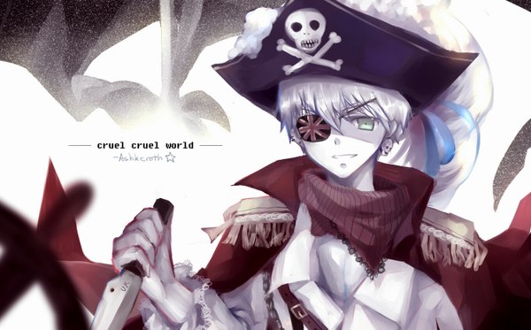 Anime picture 1358x845 with axis powers hetalia studio deen united kingdom (hetalia) sevten (ashkeroth) single short hair wide image green eyes grey hair pirate boy earrings feather (feathers) eyepatch knife pirate hat
