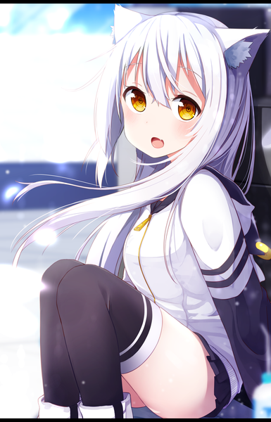 Anime picture 2360x3676 with virtual youtuber azuma lim channel azuma lim okota mikan single long hair tall image looking at viewer fringe highres open mouth hair between eyes sitting animal ears yellow eyes white hair blurry cat ears letterboxed girl