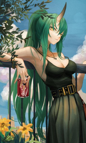Anime-Bild 1500x2500 mit arknights coca-cola hoshiguma (arknights) liu liaoliao single long hair tall image looking at viewer fringe breasts light erotic hair between eyes large breasts standing bare shoulders holding signed yellow eyes payot sky